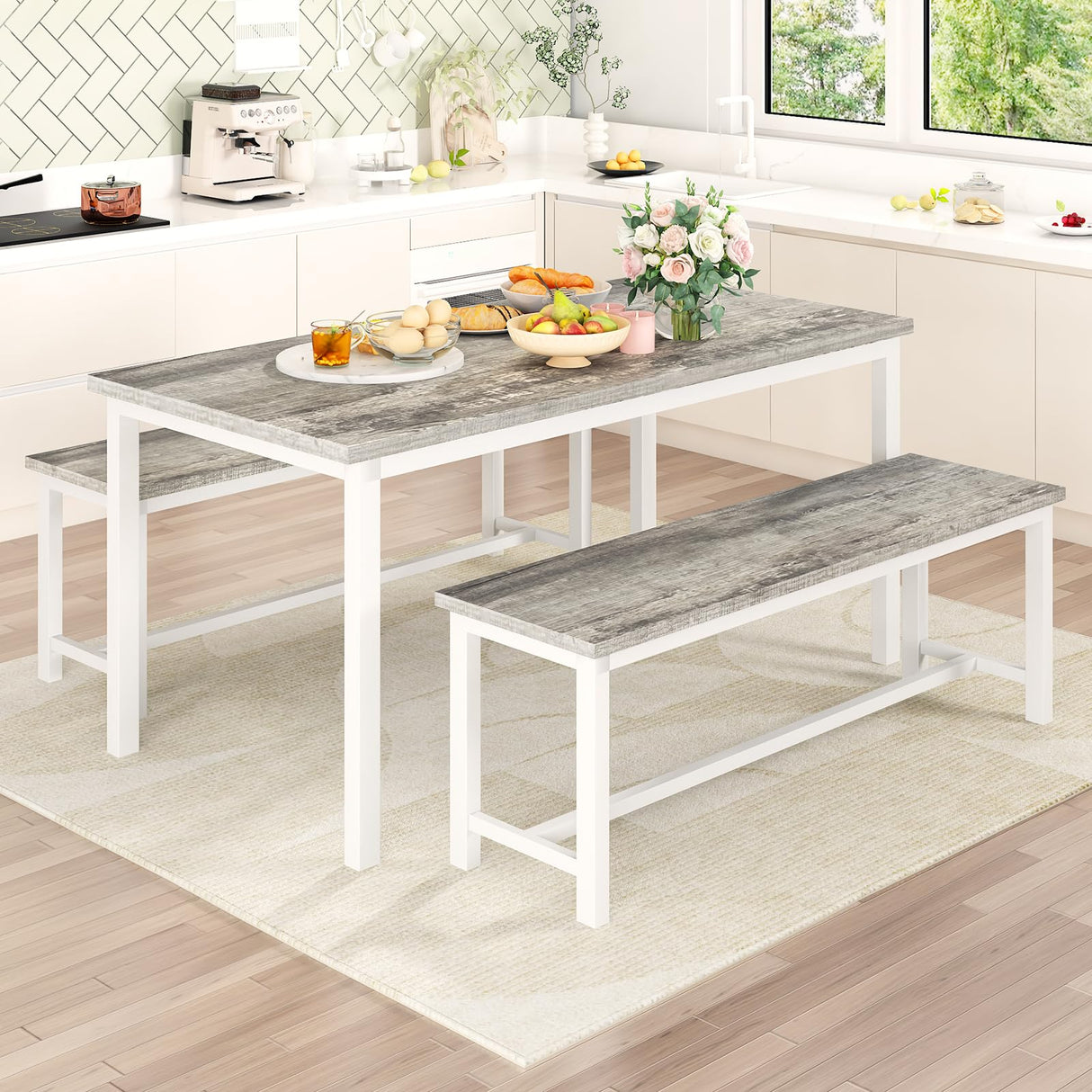 Recaceik Dining Room Table Set for 4, Modern Kitchen Table Set for 4 with 2 Bench for Small Kitchen