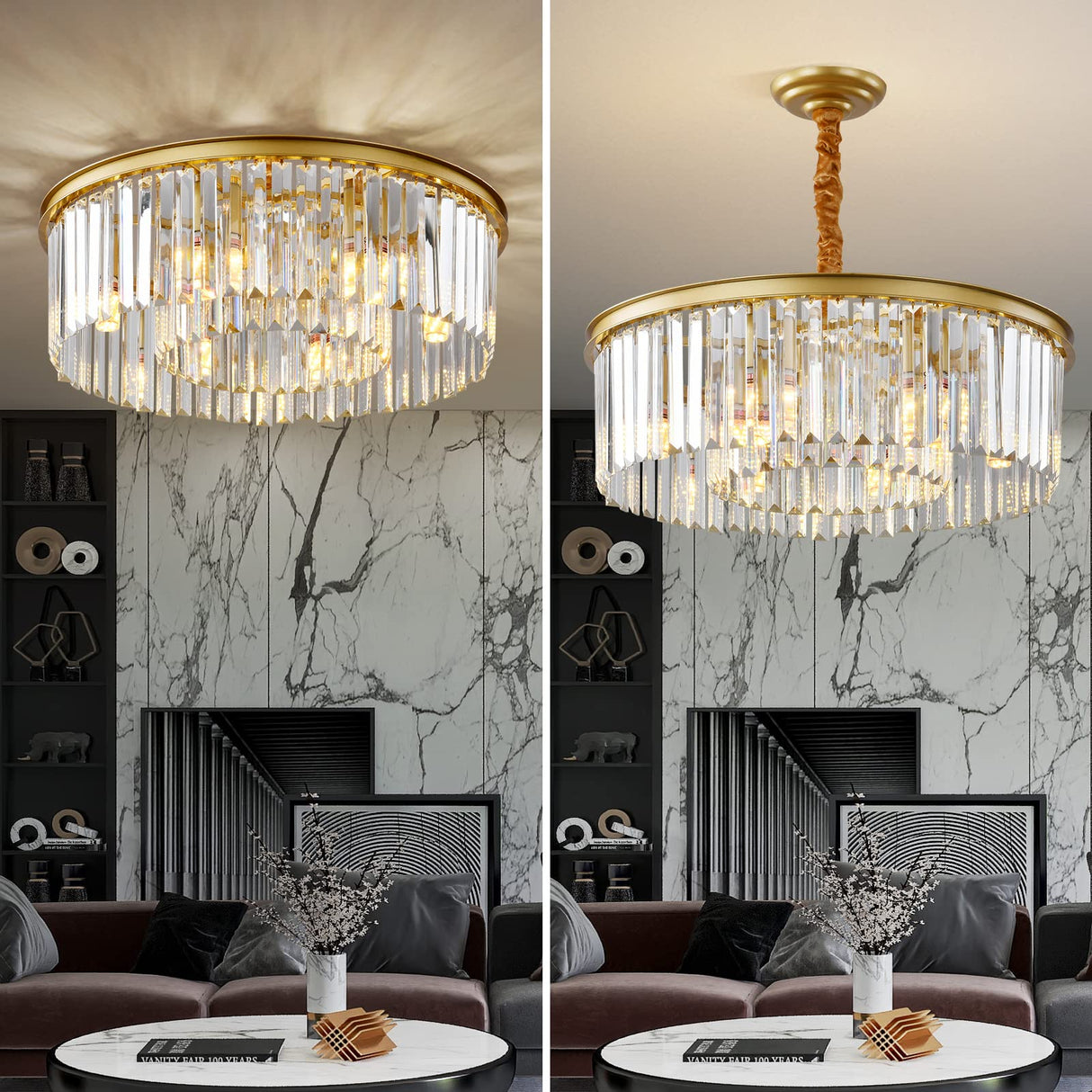 Gold Modern Crystal Chandelier, 2-Tier Round Flush Mount Ceiling