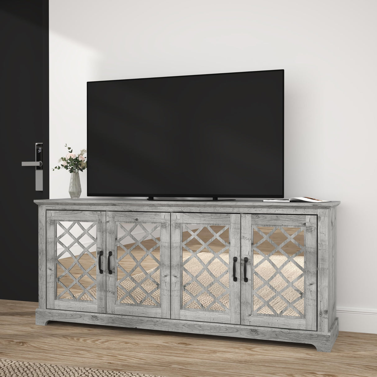 Farmhouse TV Stand for Television Up to 75 Inches, 4 Mirror Doors Entertainment Center