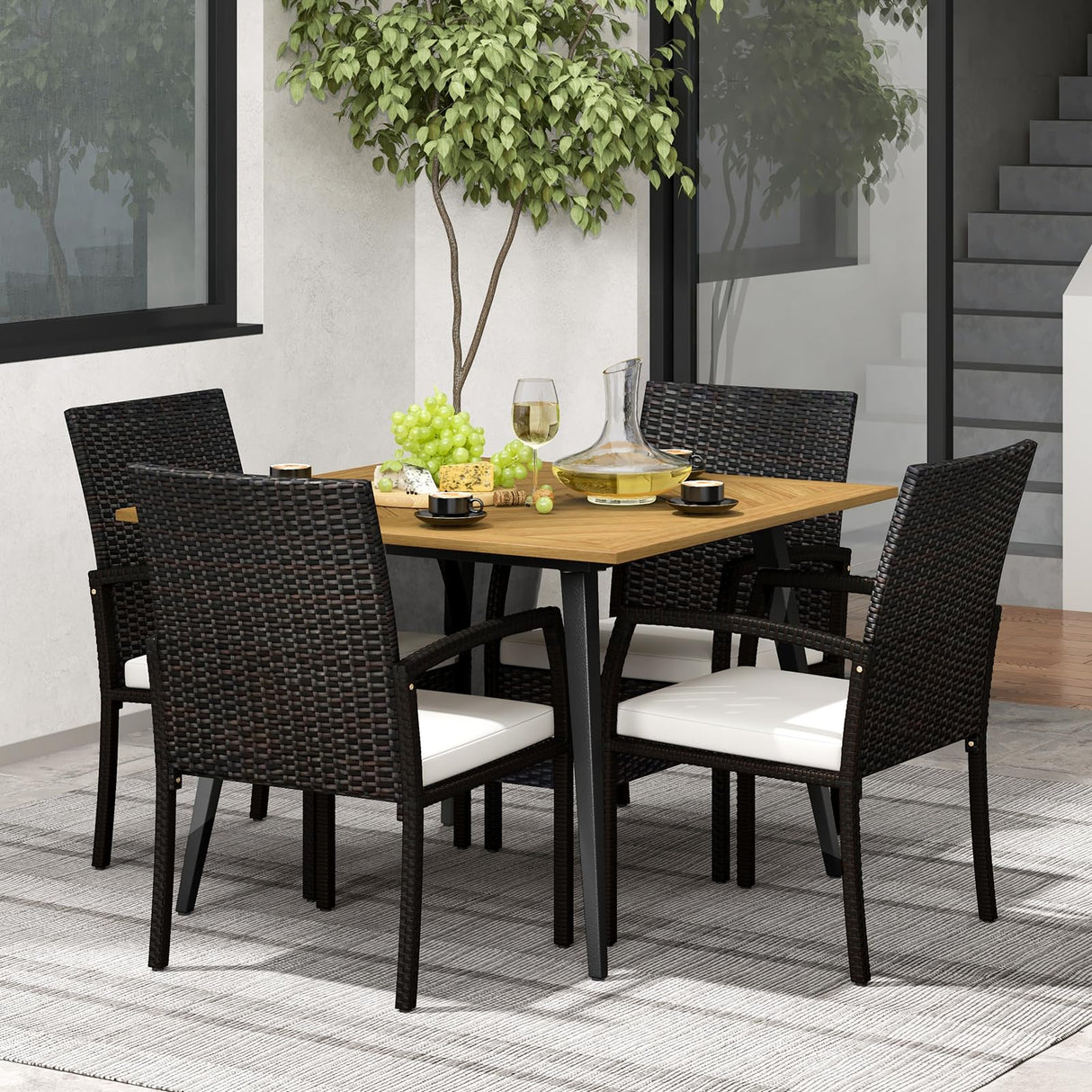 5 Pieces Patio PE Wicker Dining Set, Outdoor Dining Table and Chairs with Cushions