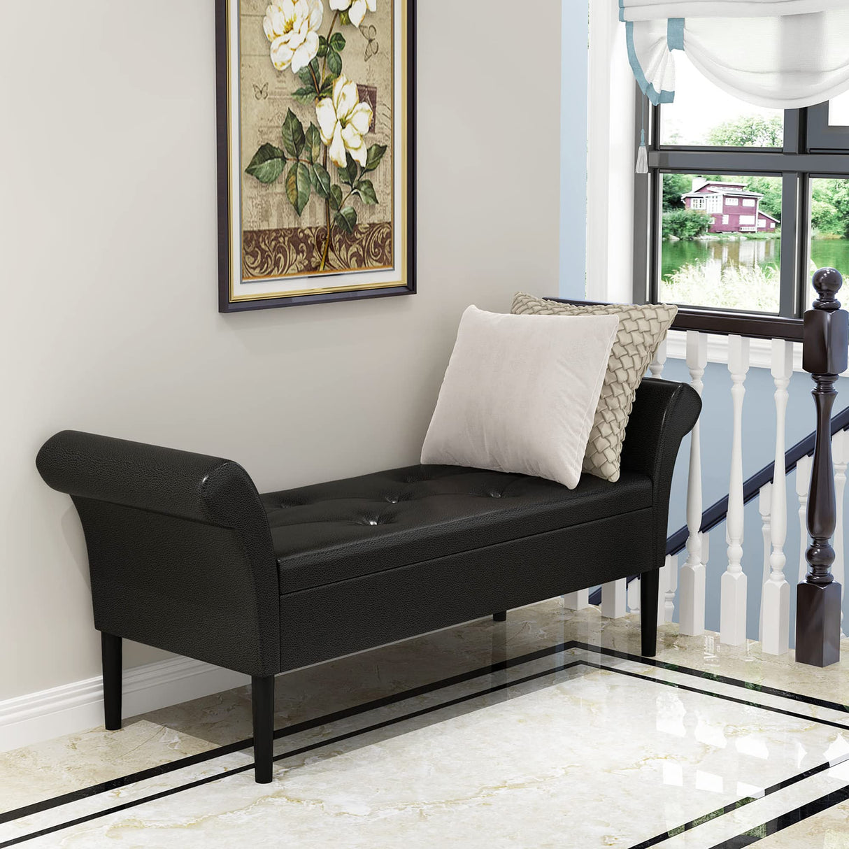 Black Faux Leather Storage Ottoman Bench
