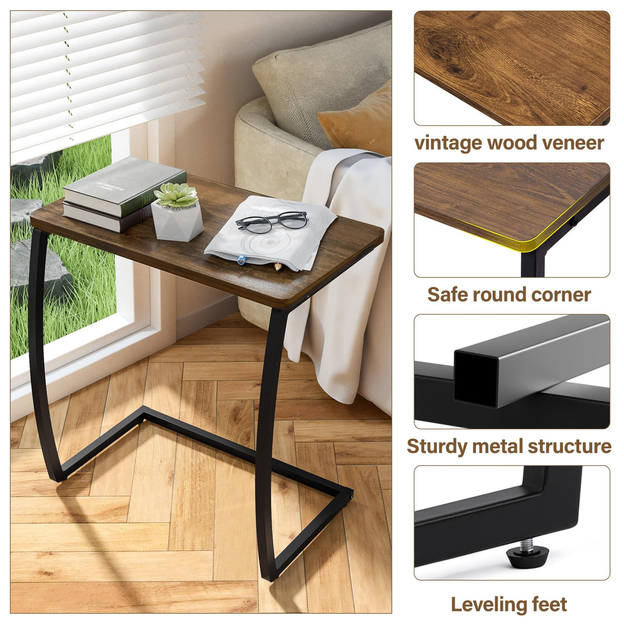 Side Table, End Table, Vintage C-Shaped Couch Table for Sofa Laptop Coffee Snack