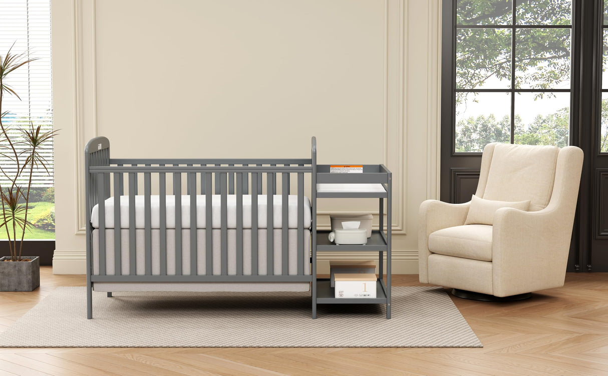 3-in-1 Baby Crib with Changing Table Combo, Wood Full Size Cribs Convertible Toddler Bed and Daybed with Storage Space for Nursery Furniture, 3 Mattress Height, Non-Toxic Finish (Storm Grey)