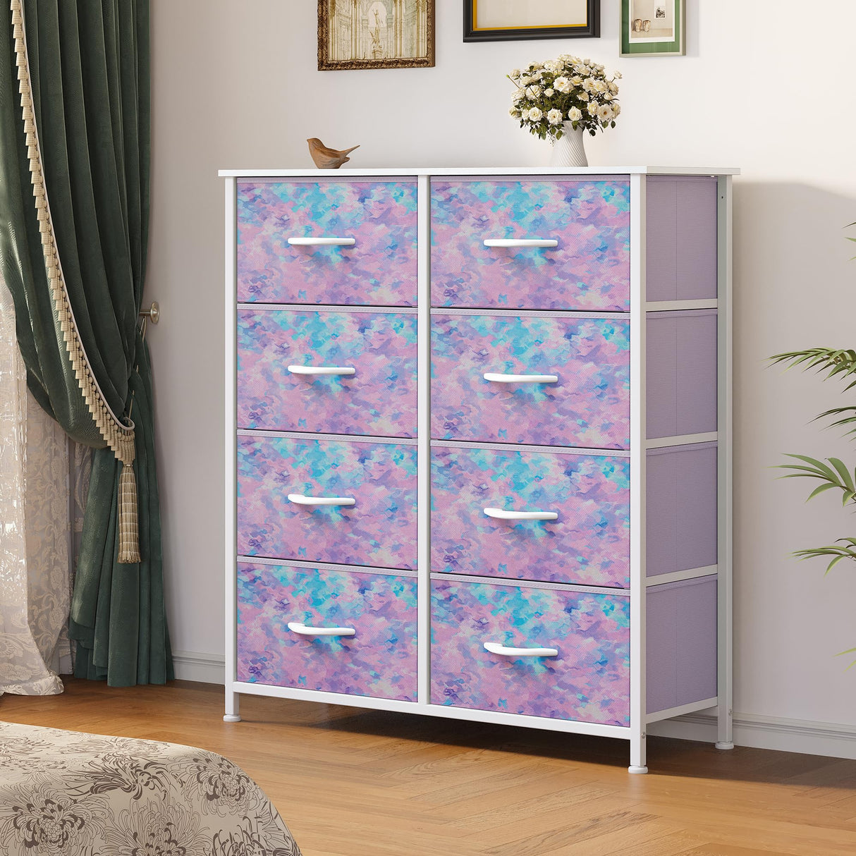 Purple Fabric Dresser Drawer, Tall Storage Dresser with 8 Drawers
