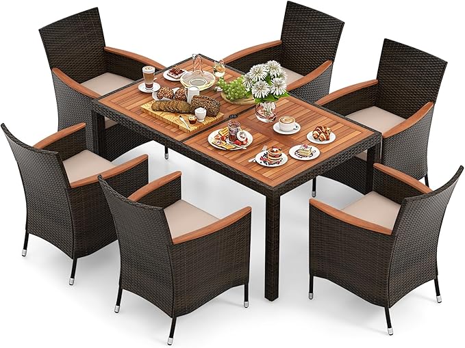 7 Pieces Outdoor Wicker Dining Set, Patio Dining Furniture Set with Acacia Wood Table