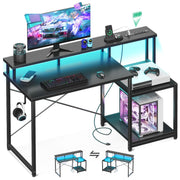 Computer Desk, 48 Inch Gaming Desk with Led Lights & Power Outlet, Office Desk