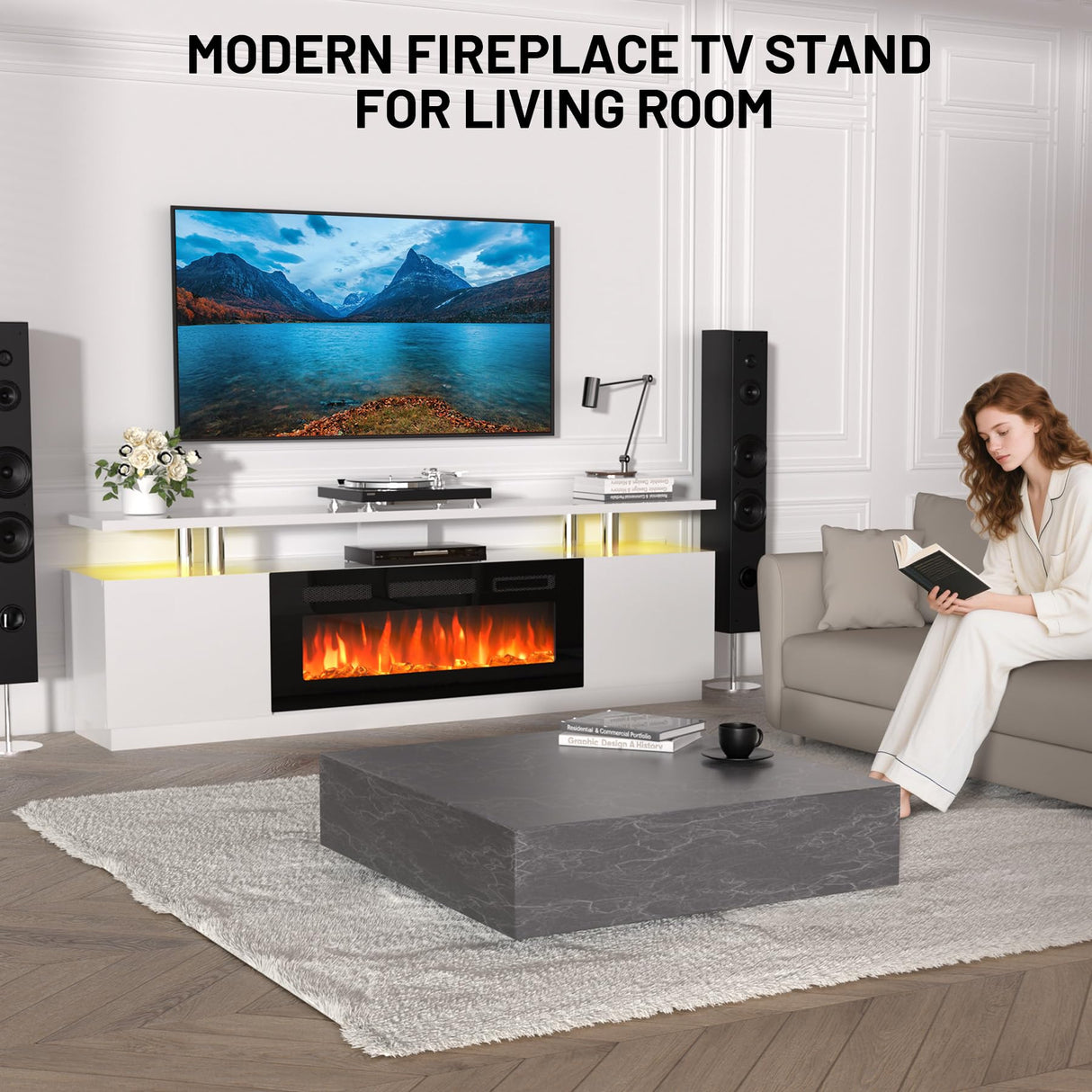70 Inch Fireplace TV Stand with Storage - White Entertainment Center