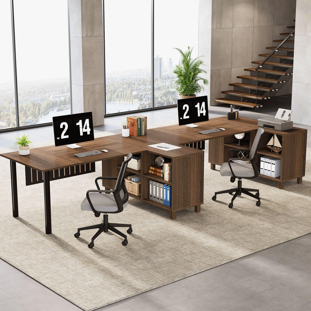 63-Inch L-Shaped Executive Desk, Large Office Desk with Storage Cabinet Shelves, L