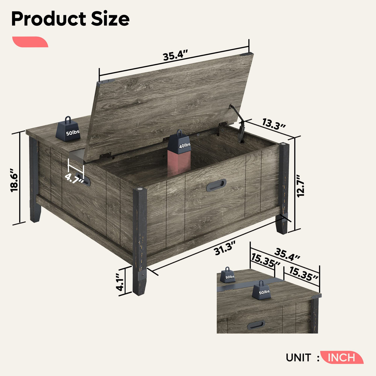 Square Coffee Table with Storage,Farmhouse Lift Top Coffee Wood Center Table Decor for Living Room Extra Large Hidden Storage,