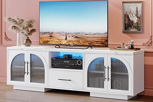 70" TV Stand with LED Lights & Glass Doors