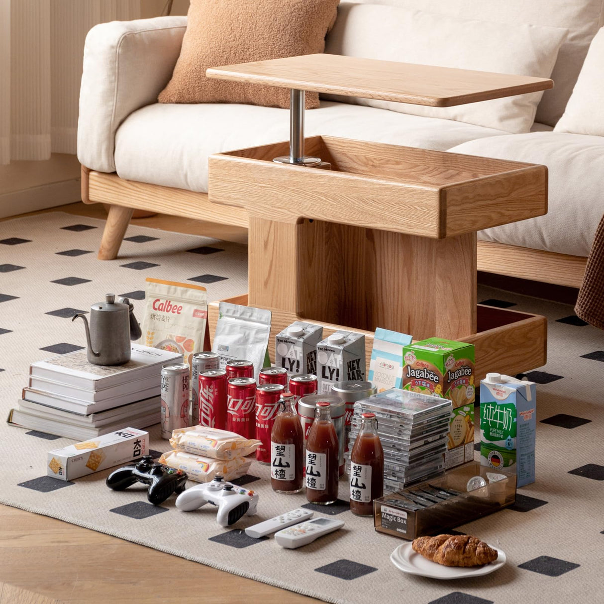 100% Solid Oak Lift Top Coffee Table with Ample Storage, Multifunctional Side Table