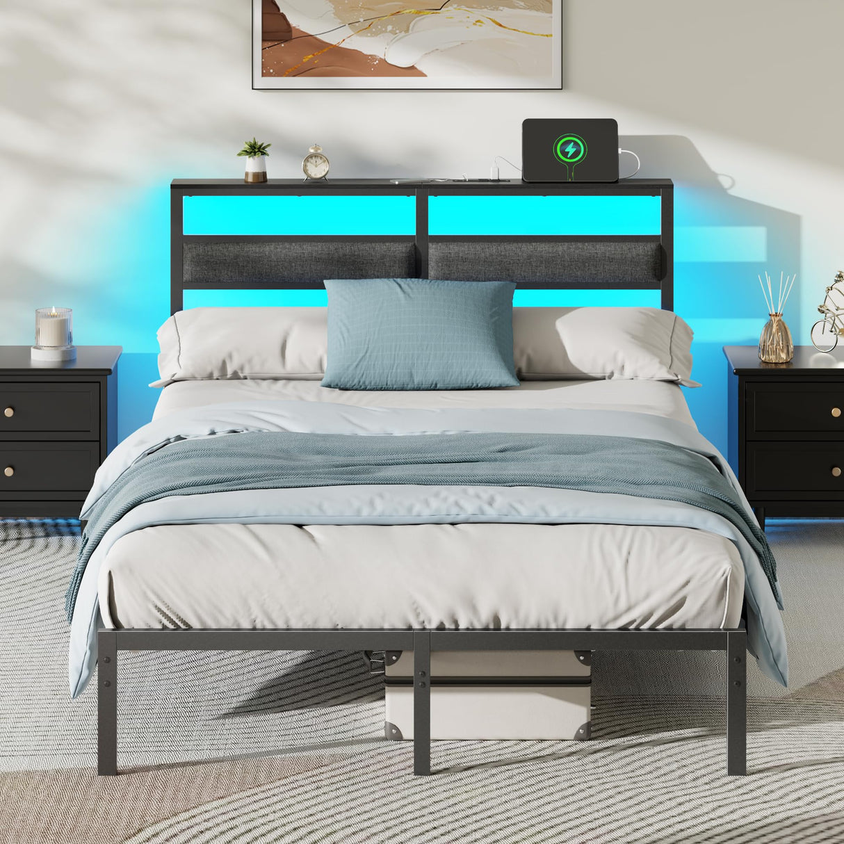 Full Size Metal Bed Frame with RGB LED Lighting & Charging Station
