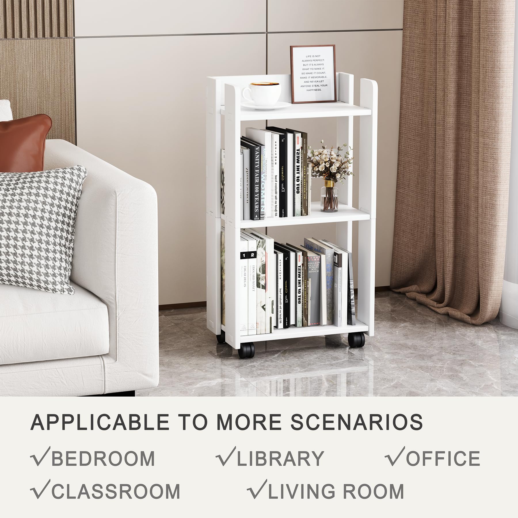 yeavs 3-Tier Side Table with Wheels, Moveable Bookshelf, Multi-Functional Rolling Bookcase Storage Cart Organizer for Office Living Room Bedroom Bathroom, White