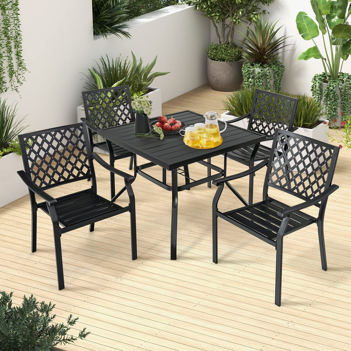 5 Pieces Metal Patio Dining Set, 37 Inches Square Dining Table with 4 Stackable Chairs