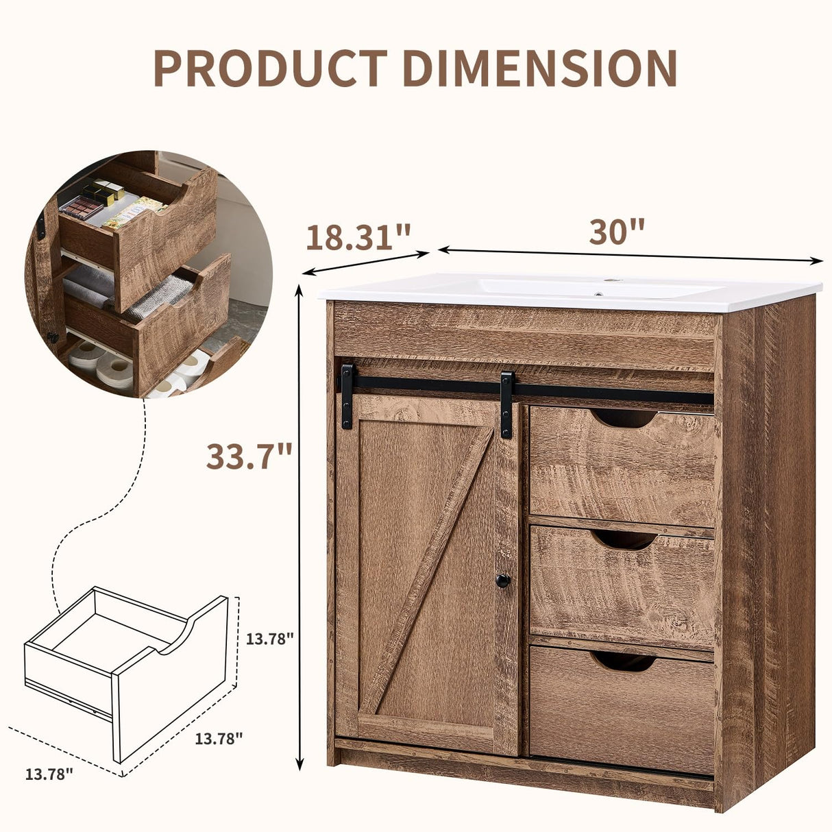Aitjunz 30" Farmhouse Bathroom Vanity with Sink, Freestanding Modern Bathroom Storage Vanity Cabinet w/Sliding Barn Door, 3 Drawers & Adjustable Shelves, Light Brown