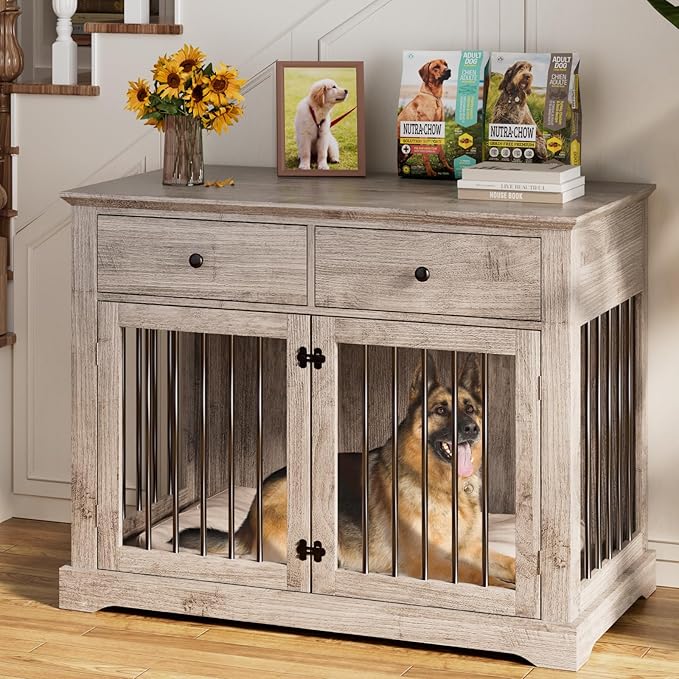 44" Large Dog Crate Furniture with Drawers - White Wooden Kennel End Table