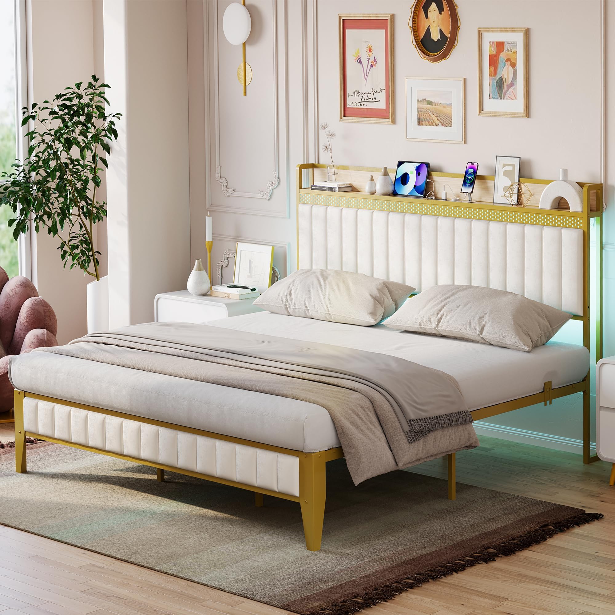 IDEALHOUSE Queen Bed Frame with Charging Station, LED Bed Frame with Storage Headboard, Upholstered Platform Bed Frame, No Box Spring Needed, Easy Assembly, White&Gold