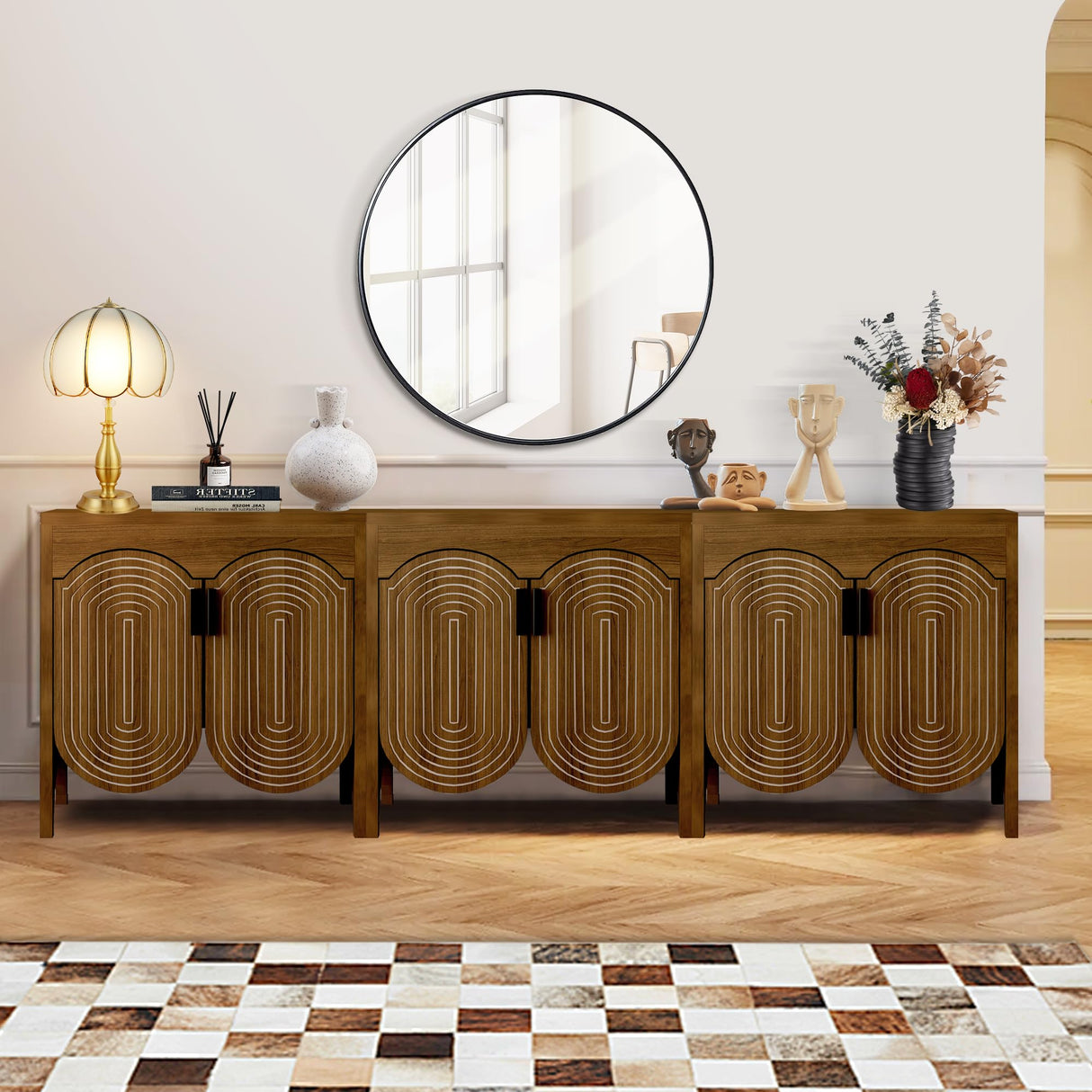 Fluted Buffet Cabinet with Storage, Sideboard Buffet Cabinet with Curved Door