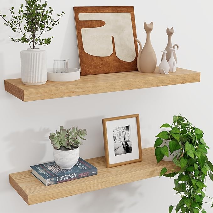Natural Oak Floating Shelves for Wall, 36" W x 8" D x 1.2" H Wall Mounted Rustic Wooden