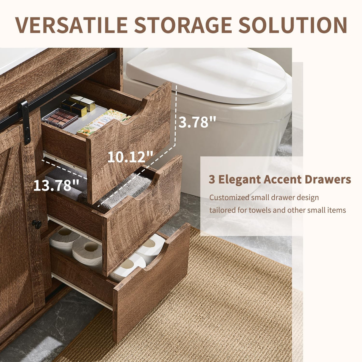 Aitjunz 30" Farmhouse Bathroom Vanity with Sink, Freestanding Modern Bathroom Storage Vanity Cabinet w/Sliding Barn Door, 3 Drawers & Adjustable Shelves, Light Brown