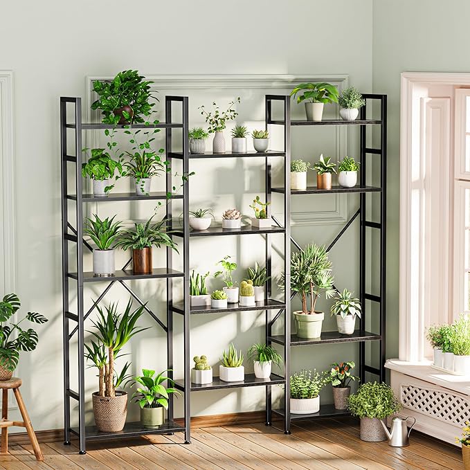 Triple 4 Tier Bookshelf, Bookcase with 11 Open Display Shelves, Wide Book Shelf Book Case for Home & Office, Rustic Brown