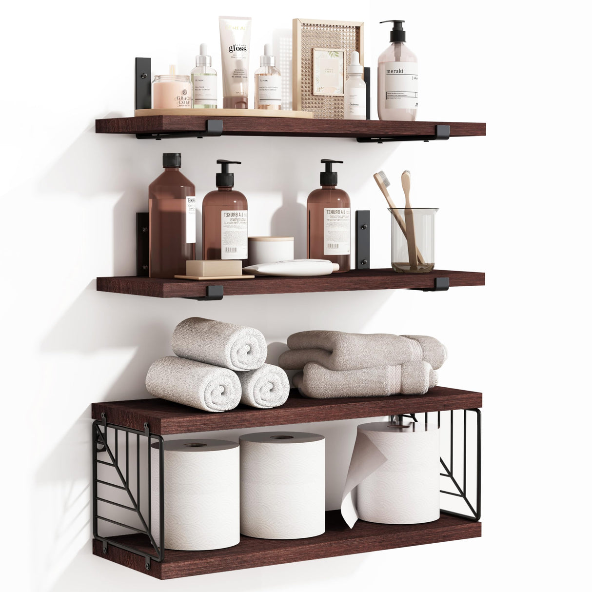 3+1 Tier Bathroom Floating Shelves Over Toilet, 15.8in Farmhouse Rustic Wood Shelves