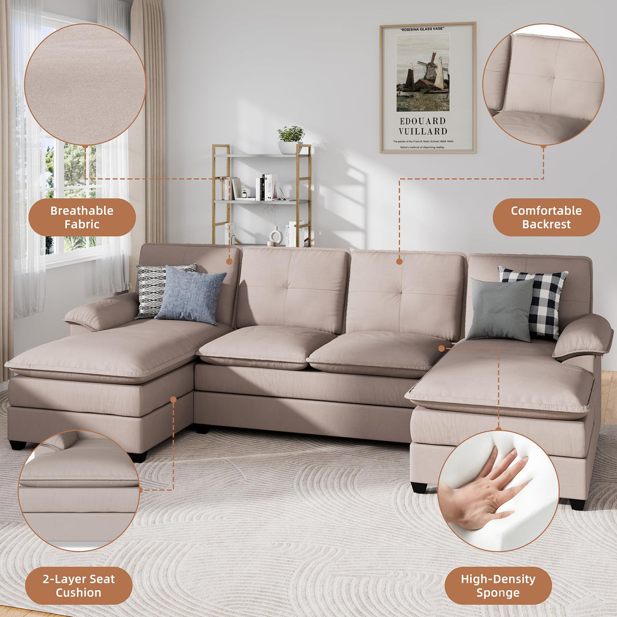 Vongrasig Sectional Couches for Living Room, Comfy Cloud Couch with Chaise 110" U-Shaped Sofa 4-seat Modular Sofa Large Sectional Couch with Ottoman for Living Room (Khaki)