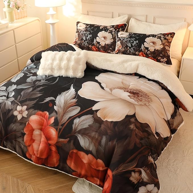 Floral Print Sherpa Comforter Set - Queen Size 3 Pieces Elegant Flowers Botanical Bedding Set Warm Cozy Beige 1 Quilt