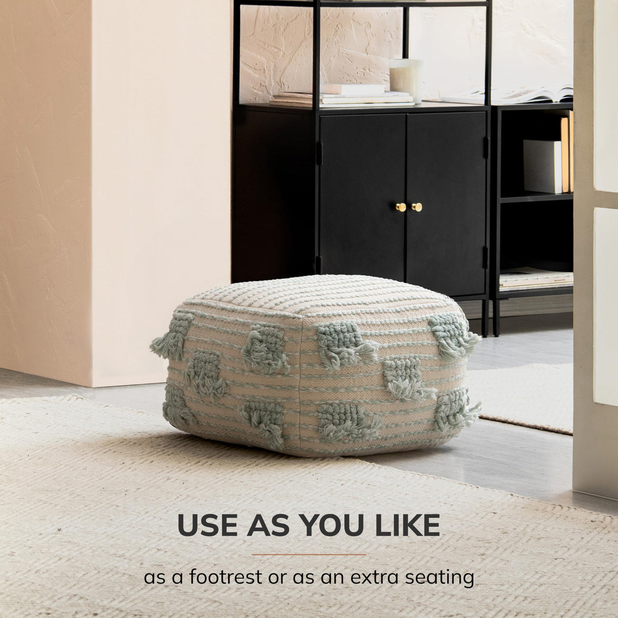 Anji Mountain 100% Handmade & Handcrafted Comfortable Home Décor Pouf Ottoman Footrest for Living Room, Bedroom, Nursery, Kidsroom, Patio Furniture - (22" x 22" x 16"- Green,Beige)