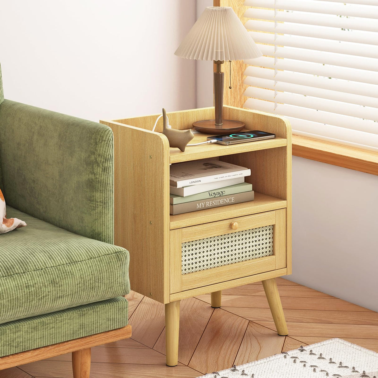 Nightstands Set of 2 with Charging Staion, Night Stand with Rattan Decor Drawer