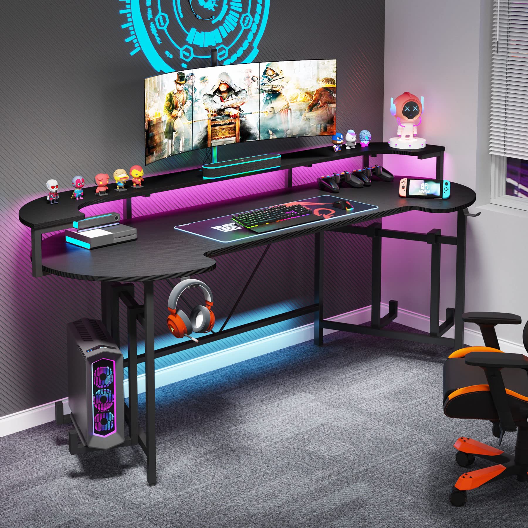 75 Inch Gaming Desk with Monitor Shelf, Large PC Computer Desk with LED Lights