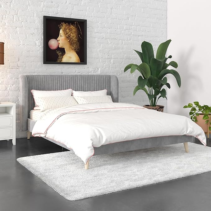 Holly Upholstered Wingback Bed Frame, Queen, Ivory Velvet