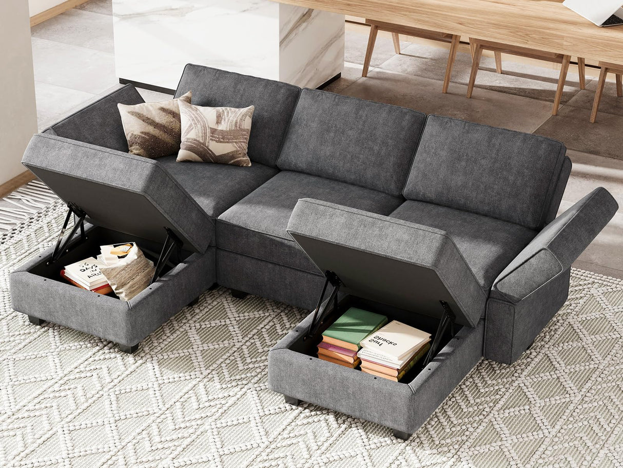 Belffin Modular Sectional Sofa Fabric U Shaped Couch Double Chaise Sectional Couch Convertible Ottoman Sofa with Storage Dark Grey