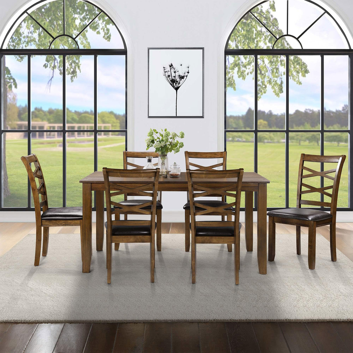 6, Rubber Wood Dining Table with 6 Cushioned Chairs Rustic Kitchen Table, 60" L x 36" W
