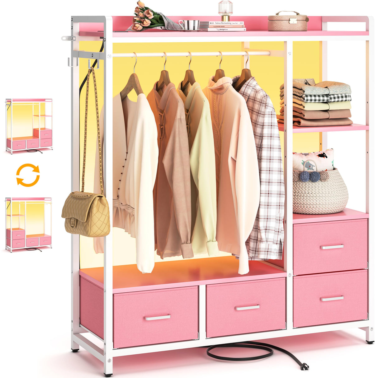 Hanger Rack, 4 Drawers Dresser for Bedroom with Power Outlet and LED Lights, Cute Dresser
