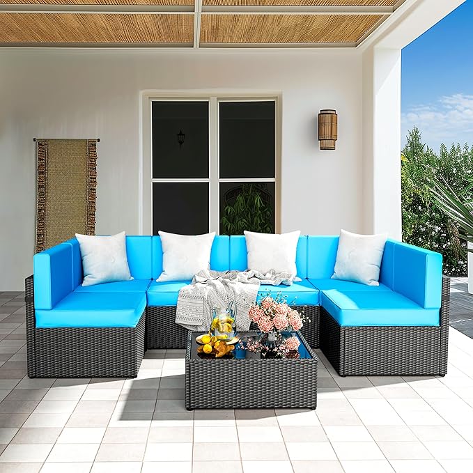 7 Piece Modular Outdoor Sectional, UV Protection Rattan Patio Sectional with Coffee Table