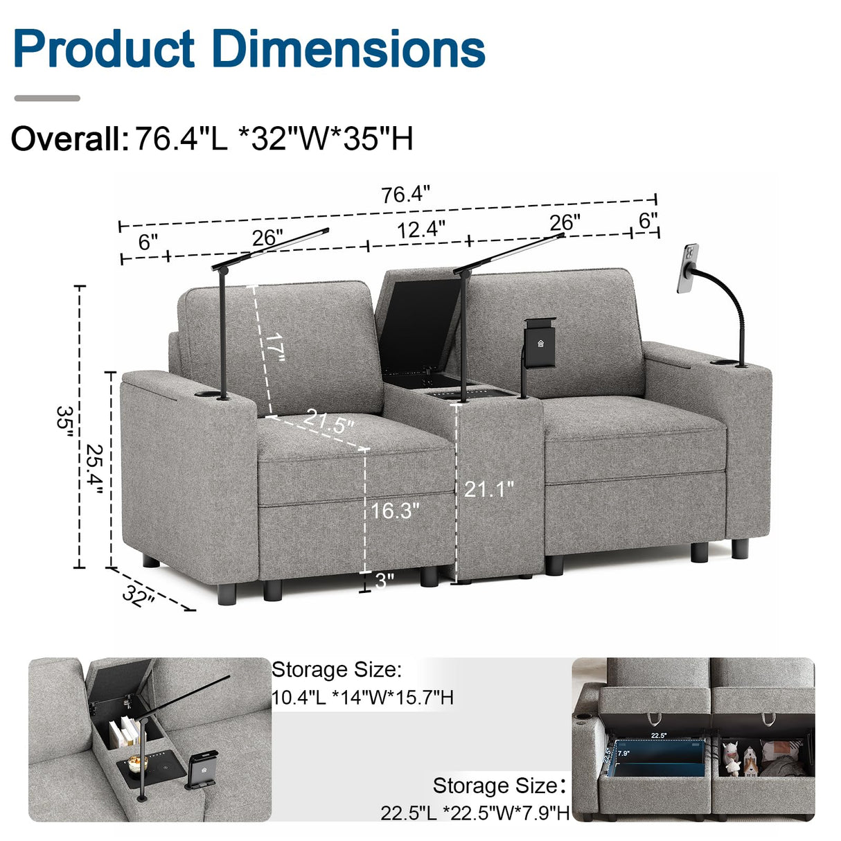 SmartLuxe – Power Reclining Home Theater Sofa with Bluetooth, Storage & Cup Holders