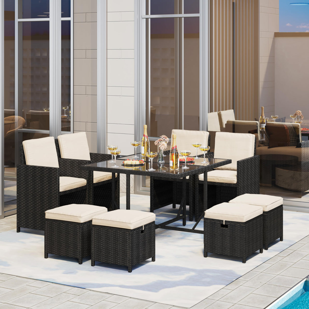 9-Piece Patio Dining Sets, Outdoor Space Saving Rattan Chairs with Glass Table