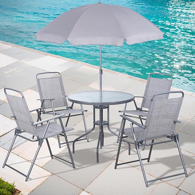 6 Piece Patio Dining Set with Umbrella, Outdoor Furniture Set with 4 Folding Chairs
