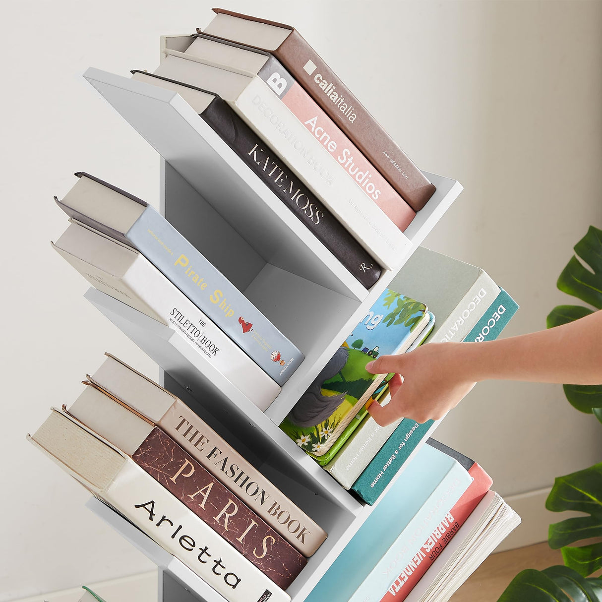 7-Tier Tree Bookshelf with Drawer, Wooden Tree-Shaped Book Display Shelves for CDs/Magazines/Books, FreeStanding Geometric Bookcase Organizers for Home Office, Ivory White