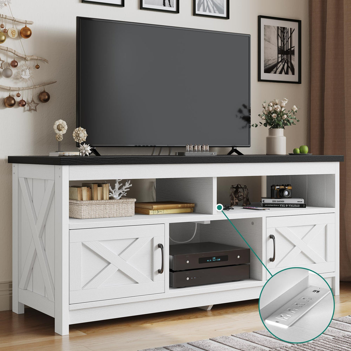 Farmhouse TV Stand for 65 inch TV with Power Outlet