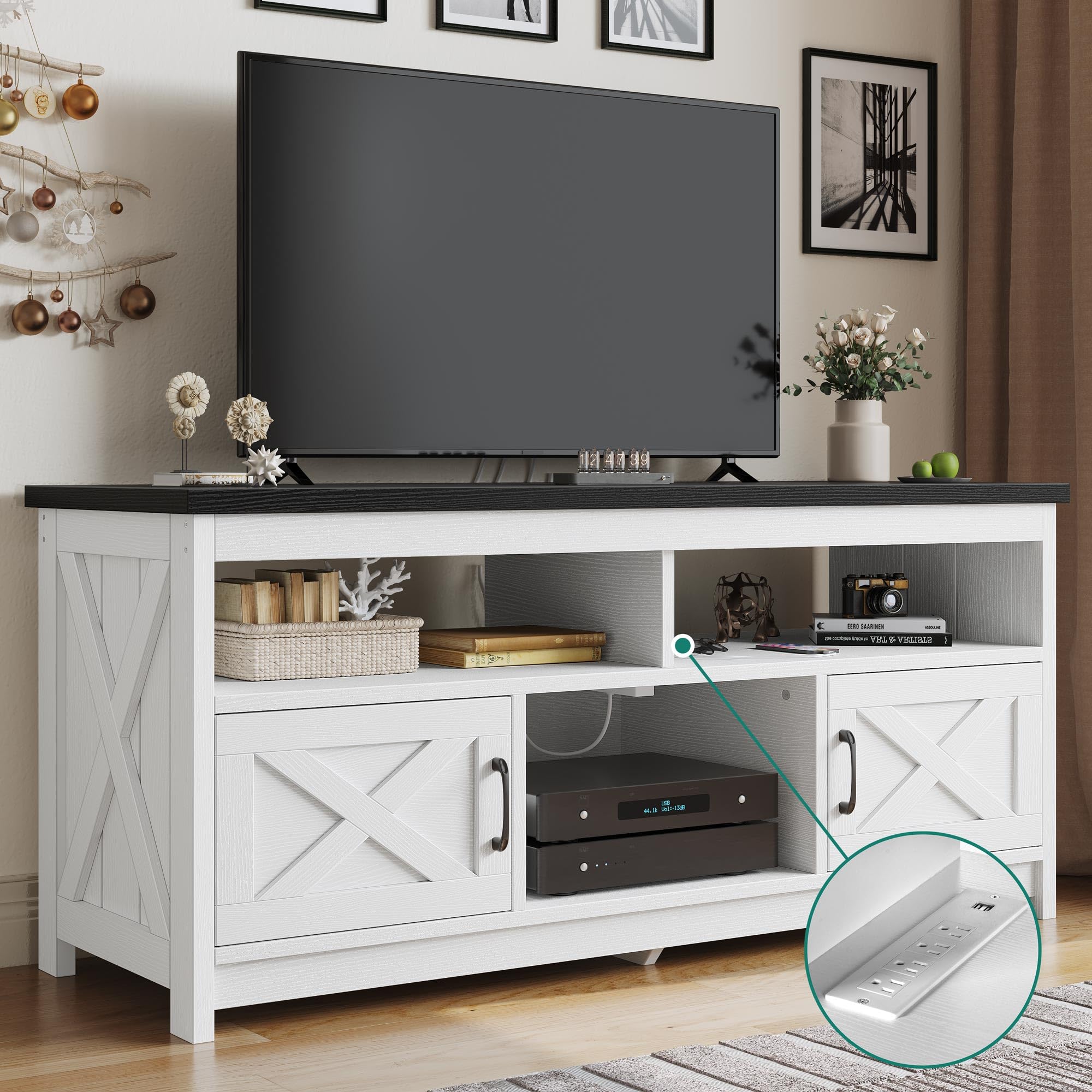 Farmhouse TV Stand for 65 inch TV with Power Outlet