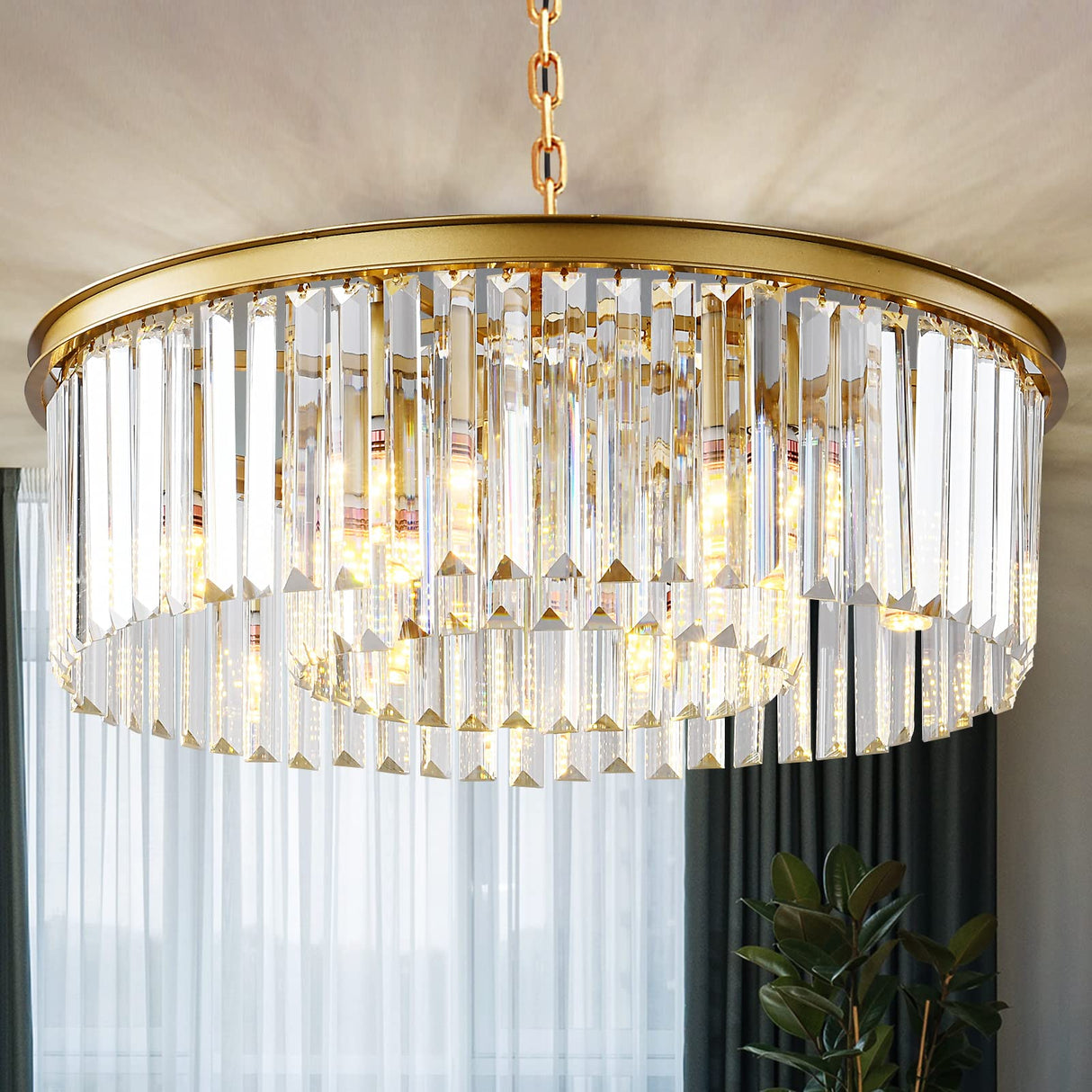 Gold Modern Crystal Chandelier, 2-Tier Round Flush Mount Ceiling