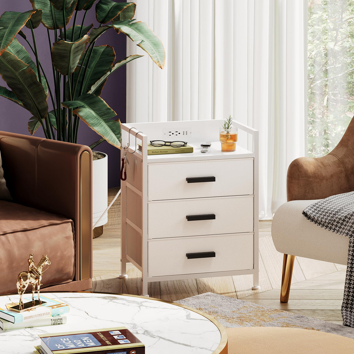 Set of 2 Side Table with Fabric Drawers, End Table