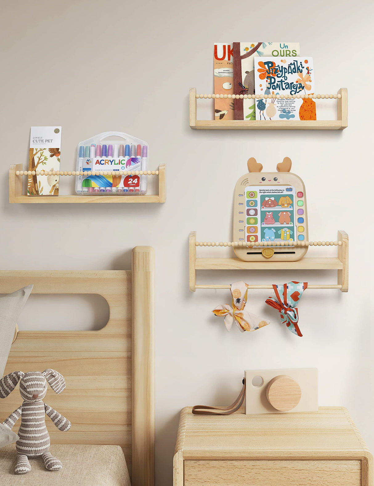 Nursery Floating Shelves for Wall, Set of 3 Book Shelves Natural Wood Wall