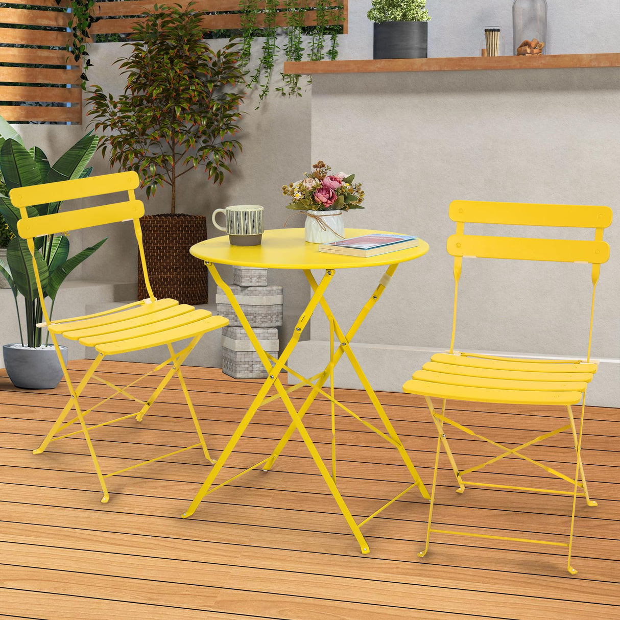 Outdoor 3 Piece Patio Bistro Set, Folding Bistro Table and 2 Folding Chairs