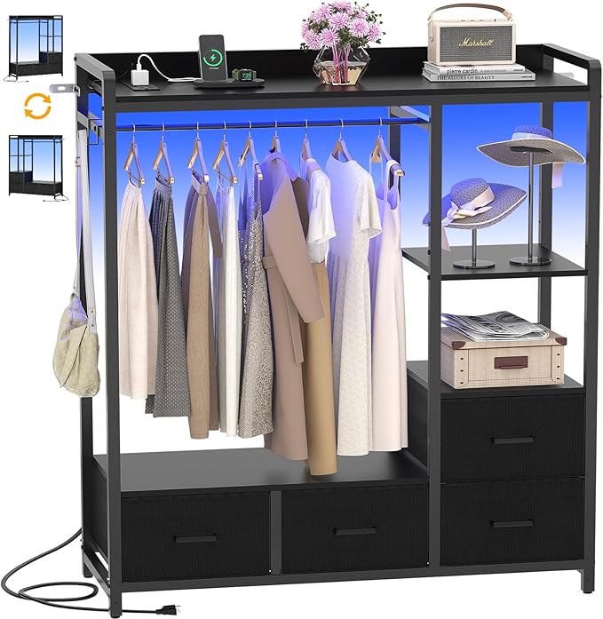 Hanger Rack, 4 Drawers Dresser for Bedroom with Power Outlet and LED Lights, Cute Dresser