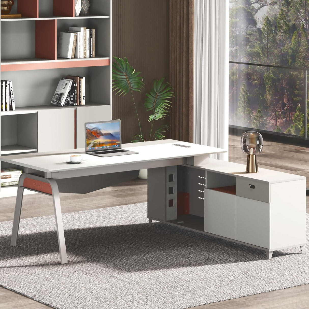 71'' L Shaped Executive Desk with 63'' Lateral File Cabinet Combo,Modern Executive Desk with Drawers,Large Warm White L Shaped Desk with Storage,Office Desk L Shape for Home Office Furniture