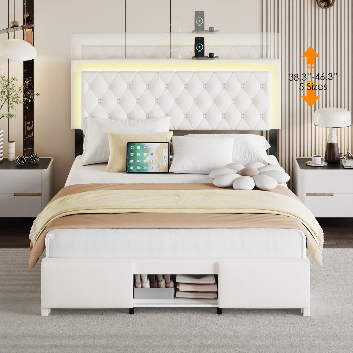 Queen Bed Frame with Charged Headboard and 3 Storage Drawers
