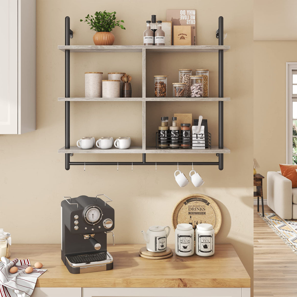 Floating Pipe Shelving Kitchen Shelves 3 Tier & 2 Tier Bundle, Retro Grey Oak-Light